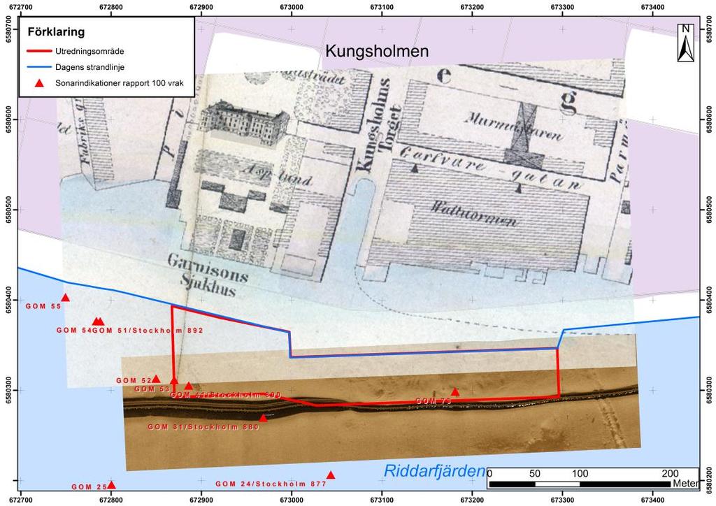 Figur 3. På kartan daterad till 1855 kan man tydligt se hur förändrad strandlinjen blivit efter utfyllnader Källa: Stockholmskällan.