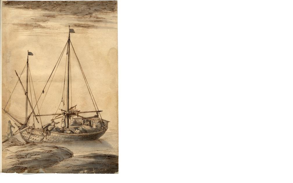 Figur 26. Bilden visar ett fartyg som var vanligt under 1600-talet. Teckningen, Skärgårdsfartyg är gjord av Lorenzo Magalotti år 1674. Källa: Uppsala universitetsbibliotek, databasen Alvin.
