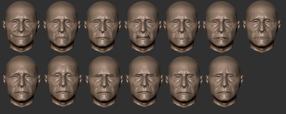 Med de blendshapes som skapades finns möjligheten att skapa alla sorters uttryck i ansiktet och tillsammans med diverse deformers erbjuds ännu mer kontroll.