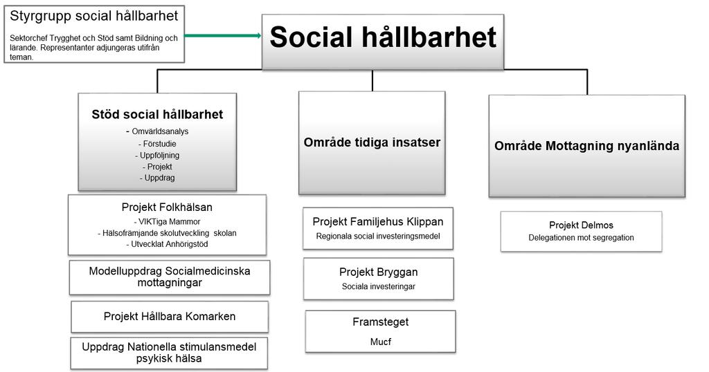 Bild 1. Översikt social hållbarhet och folkhälsa 2019 Budget och ekonomi Det samlade arbetet kring social hållbarhet ska säkerställa möjligheter till externa finansiering.