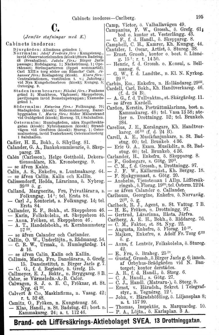 Cabinets inodorescarlberg. 195 C Camp, Victor, ö. Valhallavägen 49. Campanius, F. W., Grossh., ö. Grefg. 61; (Jemföl' stafninqar med K.) bod o. kontor st. Vesterlångg. 43. Cabinets inodores: C. F., f.