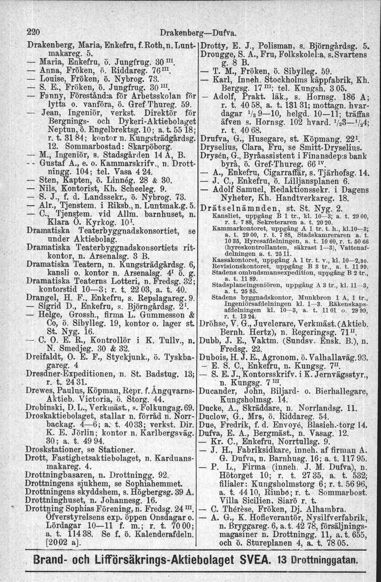 , l'l20 DrakenhergDufva. Drakenberg. Maria, Enkefru, f.roth,n. Lunt Drott y, E. J., Polisman, s. Björngårdsg. 5. makareg. 5.. Drougge, S. A., Fru, Folkskolel:a, s.svartens Maria, Enkefru, ö. Jungfrug.