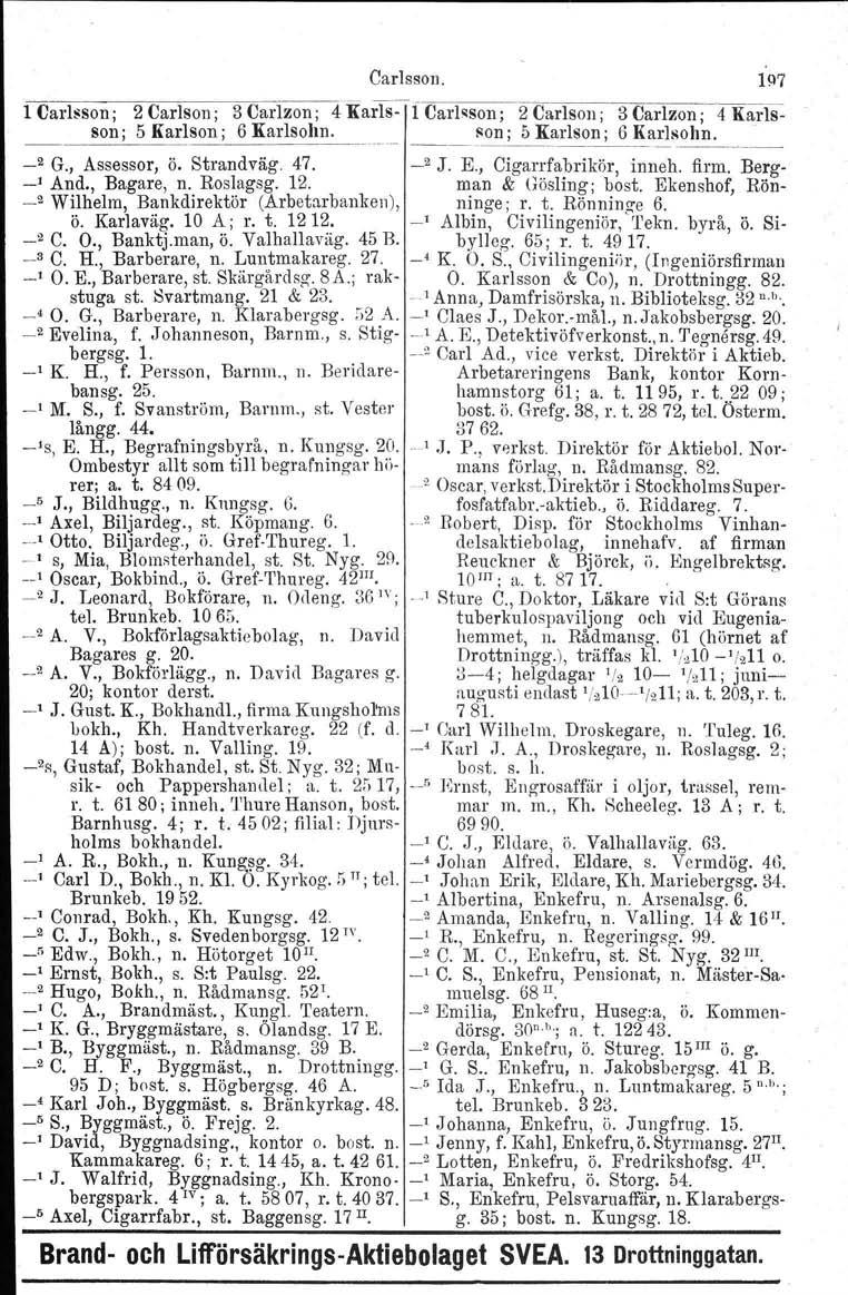 1 Carlsson; 2 Carlson; 3 Carlzon ; 4 Karlsson; 5 Karlson ; 6 Karlsoh!l.'... 2 G., Assessor, ö. Strandväg. 47. _, And., Bagare, n. Roslagsg. 12. _2 Wilhelm, Bankdirektör (Arbetarbauken), Ö. Karlaväg.