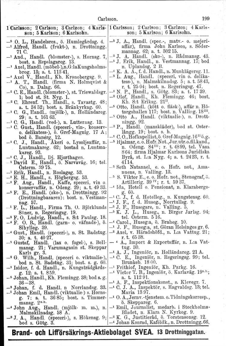 Carlsson. 199 l Carlsson ; 2Carlson; Q Carlzon;4Karls lcarlssoll; ~rcarlso;;;3 Carlzon;TKarlsson; 5 Karlson ; 6 Karlsohn. ~~son; 5 Karlson ; 6 Karlsohn., ~~ 50. L., Handelsres., ö. Humlegårdsg. 4.