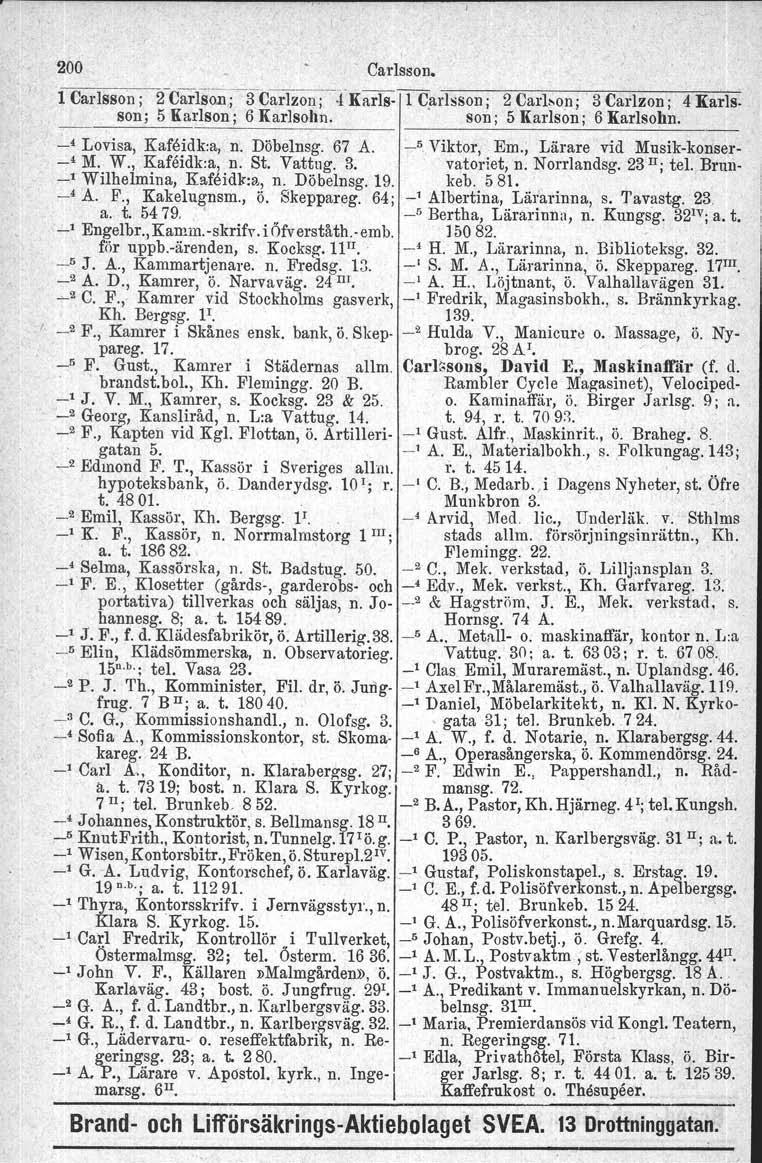 200 Carlsson. 1 Carlsson; 2Carlson ;3Carlzon i f Karls l Carlsson; 2 Carlson, 3 Carl zon ; 4 Karlsson; 5 Karlson i 6 Karlsohn. 1 son; 5 Karlson ; 6 Karlsohn. _4. Lovisa, Kafeidk.a, n. Döbelnsg. 67 A.