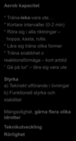 * Lära sig träna olika former * Träna snabbhet o reaktionsförmåga kort arbtid Gå på tur lära sig vara