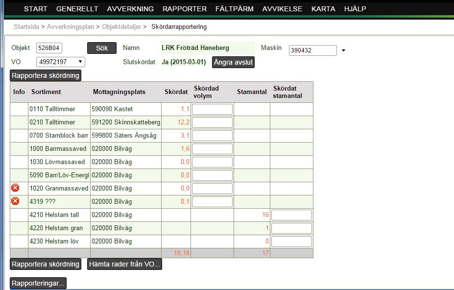 Figur 17. Skördarrapportering Skotarrapportering OBS: Skotade volymer ska endast rapporteras på ett sätt!