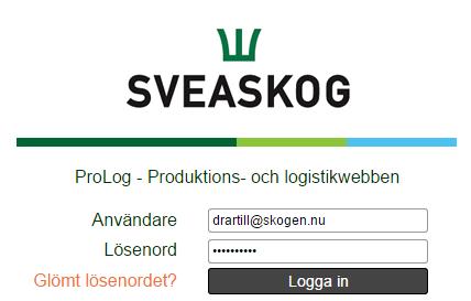 Hitta i systemet Inloggning Se till att datorn är uppkopplad mot Internet. Skriv in https://prolog.sveaskog.se i webbläsarens adressfält. eller Gå till http://www.sveaskog.se. Klicka på logga in uppe till höger och klicka sedan på Prolog-länken.