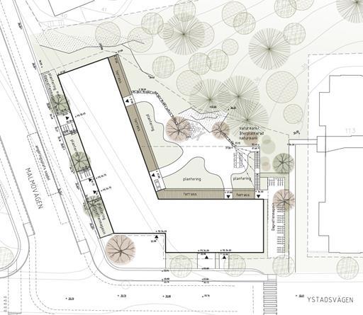 I korsningen Ystadsvägen/Malmövägen möjliggörs en publik plats i direkt anslutning till