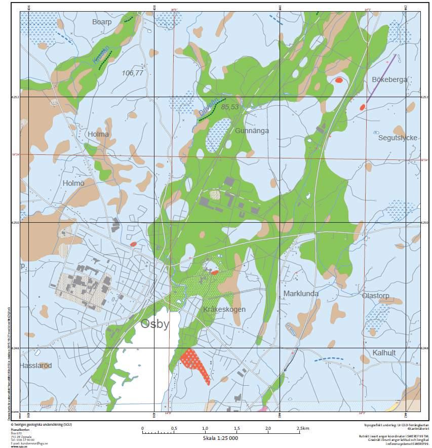 Jordartskarta över Osby tätort, Sveriges geologiska undersökning Jordartskarta över Osby tätort, Sveriges heologiska undersökning C F D Marken i Osby och områdena kring tätorten består i huvudsak av