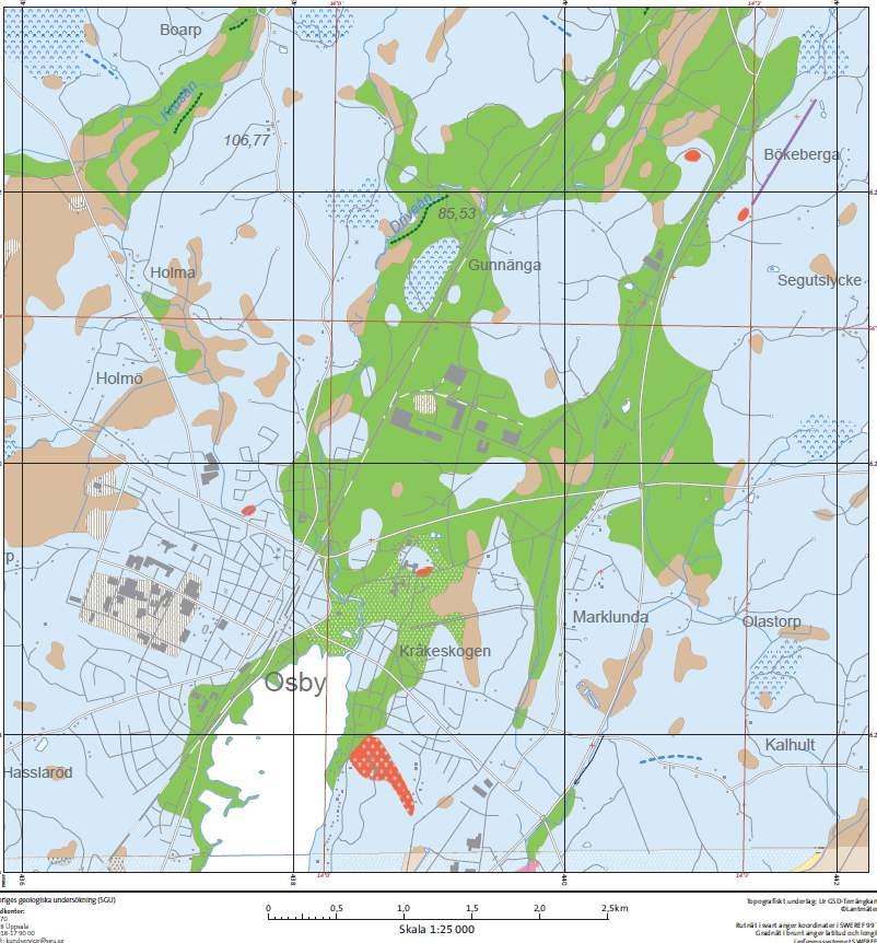 Enligt SGU:s jordartkarta över Osby tätort med omnejd utgör planområdet isälvssediment. Det innebär att marken består till stor del av sand, grus och stenar.