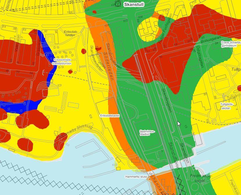 Figur 1 Stadens byggnadsgeologisk karta, där röd färg avser berg, blå morän, orange växellagringar (svallsediment av sand, silt och lera), grön åsgrus och gul lera. 7.