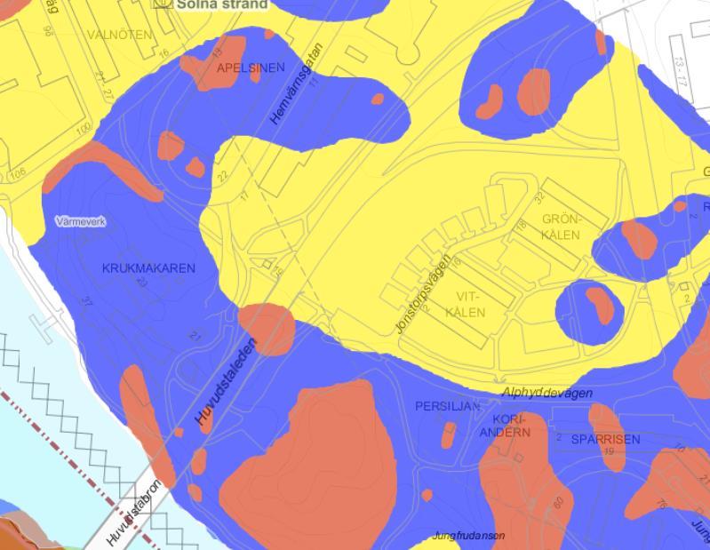 2017-11-06 6 (10) 4.2 Jordartsförhållanden Fig 2: Jordartsförhållanden enligt byggnadsgeologiskt kartblad från Stockholm stads geoarkiv Det undersökta området är till största del utfyllt.