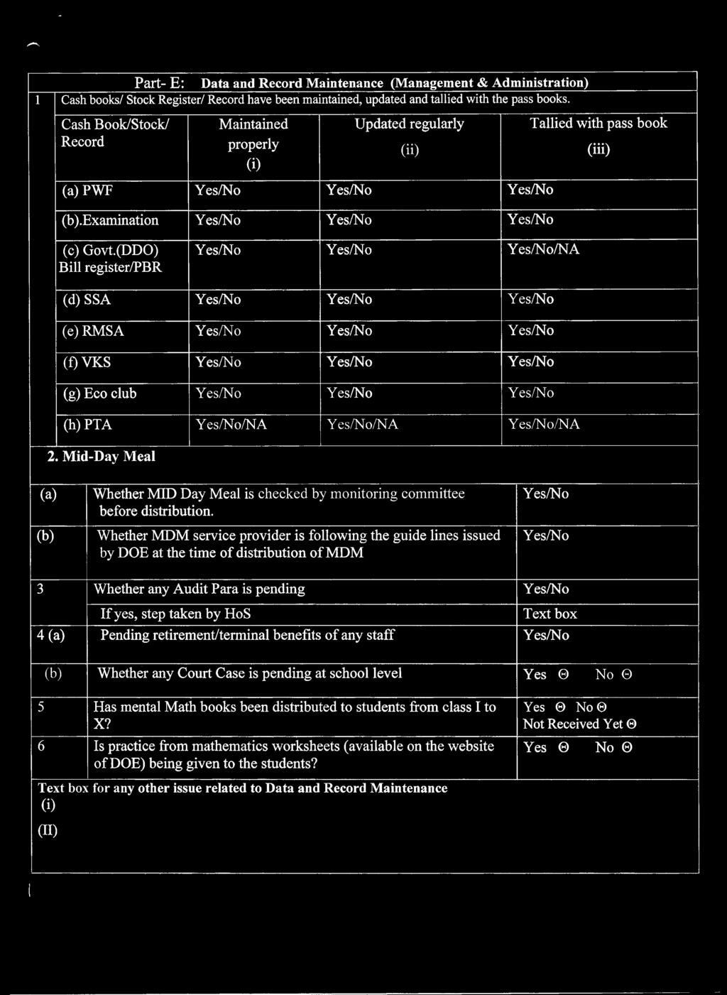 (DDO) Bill register/pbr Yes/No Yes/No Yes/No/NA (d) SSA Yes/No Yes/No Yes/No (e) RMSA Yes/No Yes/No Yes/No (f) VKS Yes/No Yes/No Yes/No (g) Eco club Yes/No Yes/No Yes/No (h) PTA Yes/No/NA Yes/No/NA