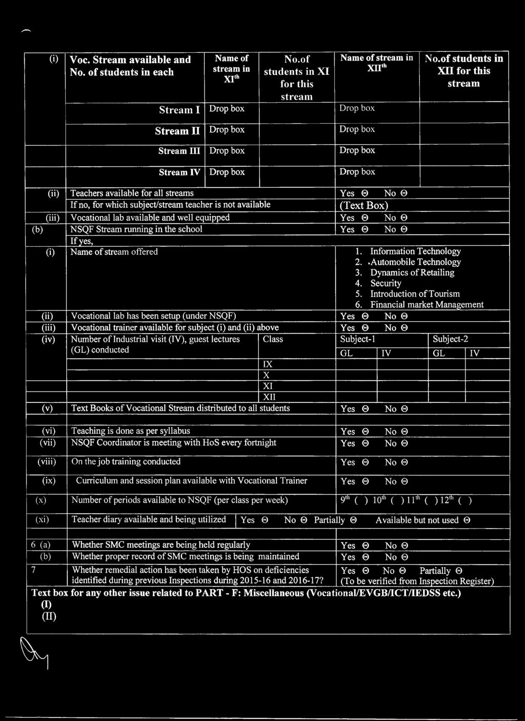 subject/stream teacher is not available (Text Box) (iii) Vocational lab available and well equipped Yes 0 No 0 (b) NSQF Stream running in the school Yes (3 No () If yes, (i) Name of stream offered 1.