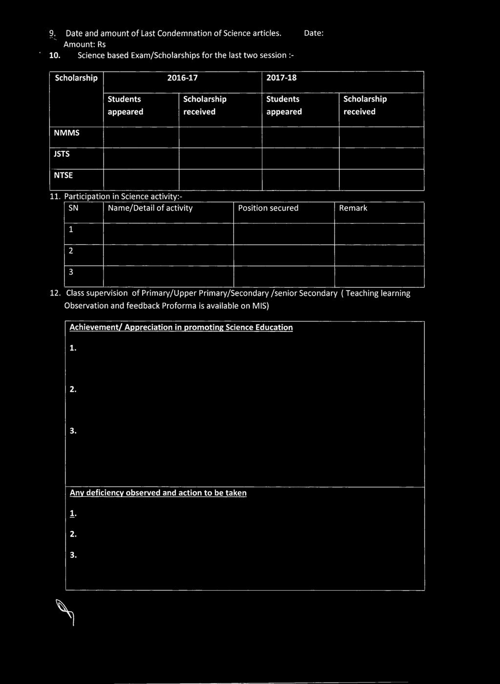 received NMMS JSTS NTSE 11. Participation in Science activity:- SN Name/Detail of activity Position secured Remark 1 2 3 12.