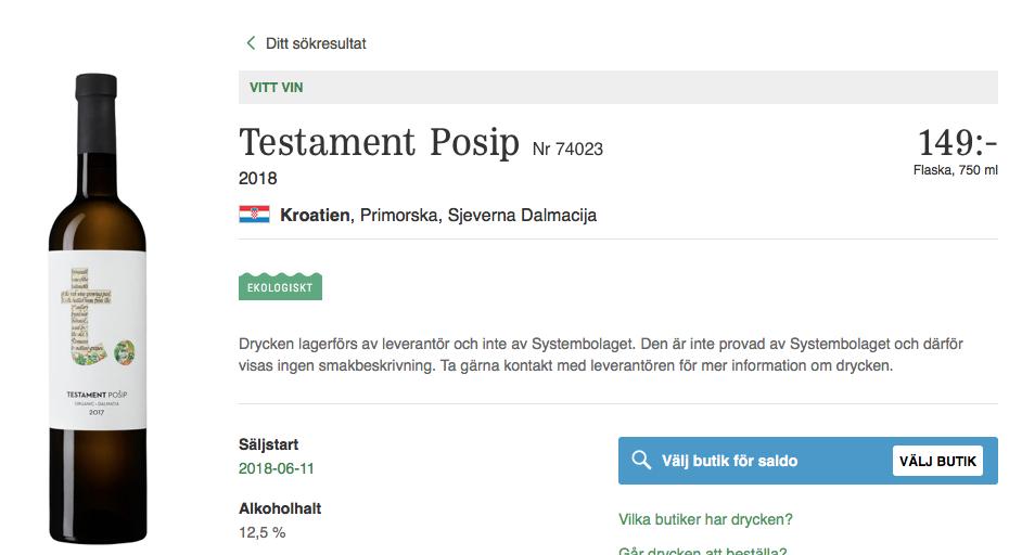 Testament Pošip 2018 149 kr Artikel nr 74023