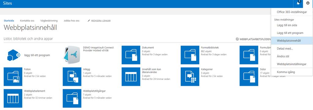 Användarinterfacet beskrivs mer i detalj i kapitel 6 Användarinterface Redigeringsläget i SharePoint används för att skapa och redigera sidor. ImageVault finns tillgängligt vid redigering.