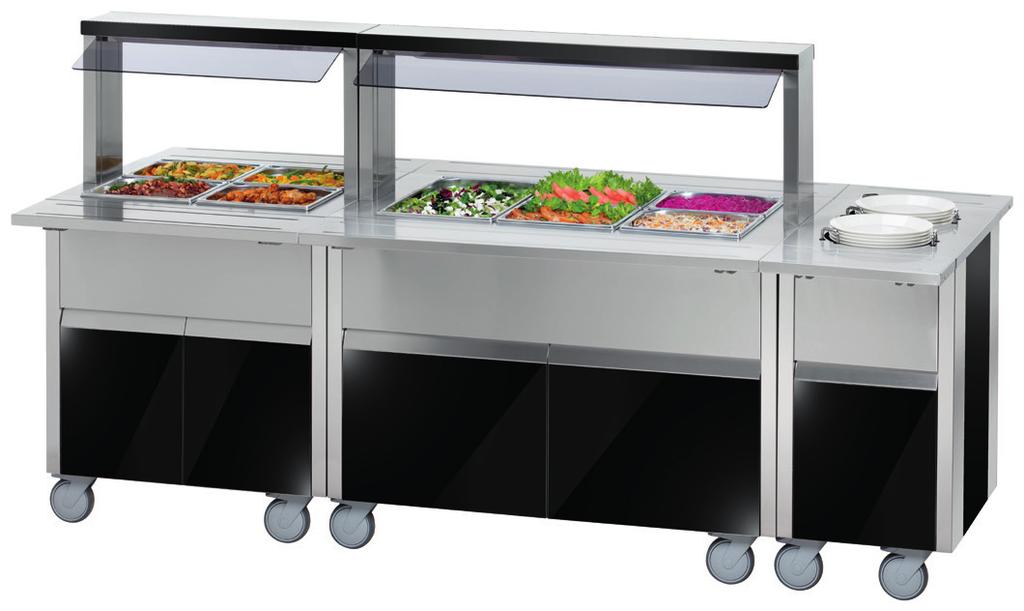 Buffet Line Pro, kyld buffé (C) Laminat (valnöt, polarvit, storm och diamantsvart) Runda hörn Förvaringsskåp med dörrar, en sida Nedfällbara brickbanor i rostfritt Djup på brunn 210 mm hjul Isolerad