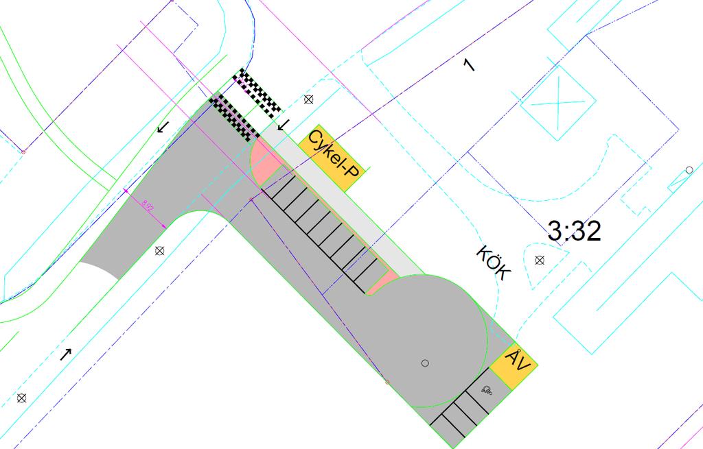 södra fastighetsgränsen, se figur 10. Förslaget har valts bort då trafikytor placerade så nära Nabolagets väg som möjligt har föredragits.