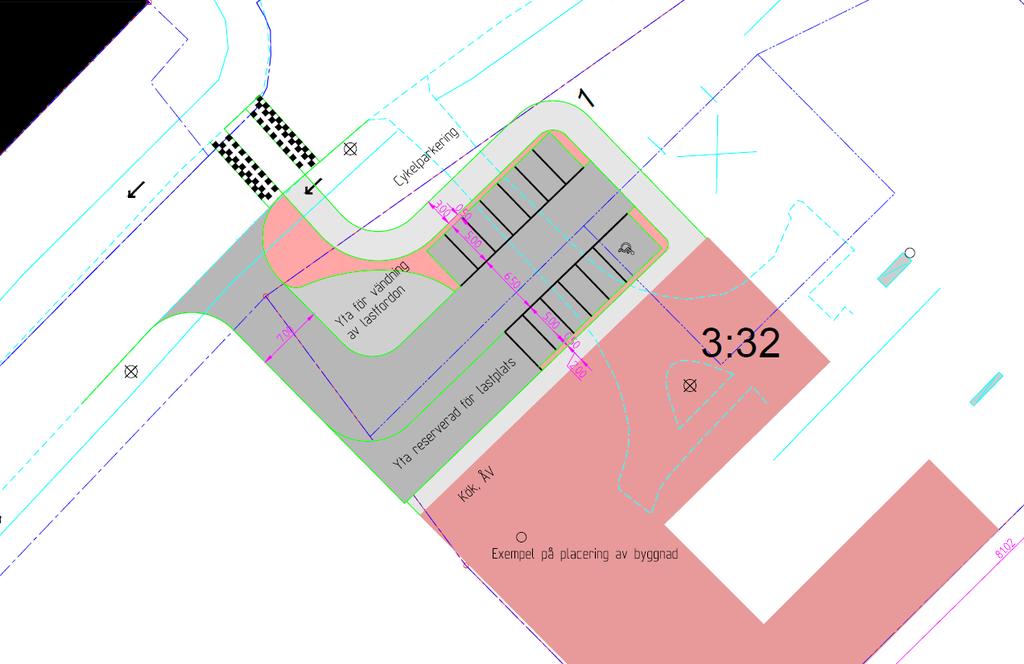 En alternativ med utformning liknande det aktuella alternativet men med omvänd plats på angöring och parkering har också prövats, se figur 11.