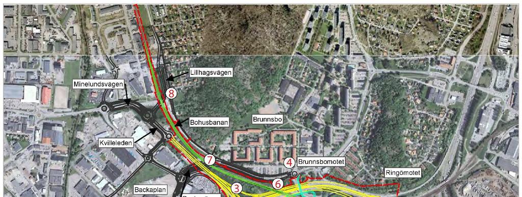 Figur 20 Översiktskarta över vald utformning av Lundbyleden och Bohusbanan. 5.2.1. Väg Lundbyleden Lundbyleden utformas med två genomgående körfält i vardera riktningen.