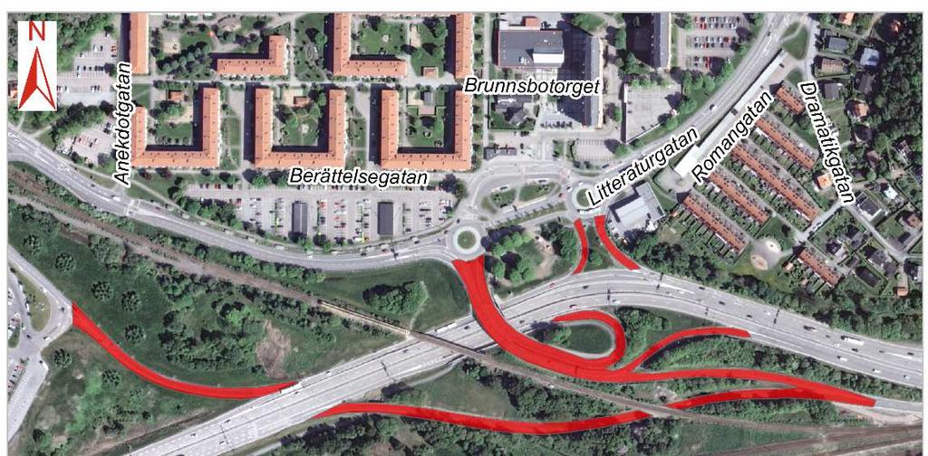 Figur 23 Översikt för Brunnsbomotet. Röd markering visar de vägdelar som ska rivas.