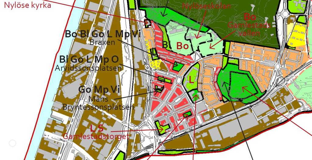 Stadsmiljö Stadsstrukturen i Gamlestaden är i mycket uppbyggd av storkvarter med generösa gårdar inom kvarteren och utöver det mycket lite eller inga allmänna grönytor.