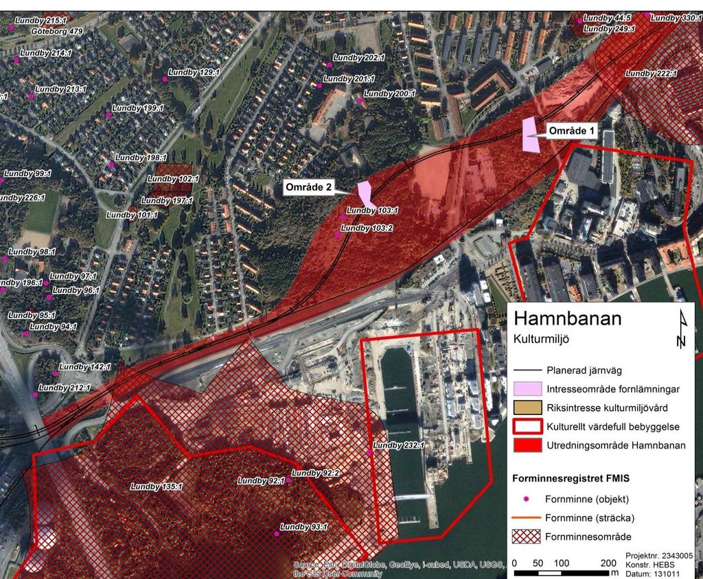 Kulturmiljö Område 1 och 2 kommer att påverkas av schaktarbeten.