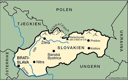 Geografi Slovakien är ett kustlöst land i Centraleuropa med gräns mot Tjeckien i nordväst, Polen i norr, Ukraina i öster, Ungern i söder och Österrike i sydväst.