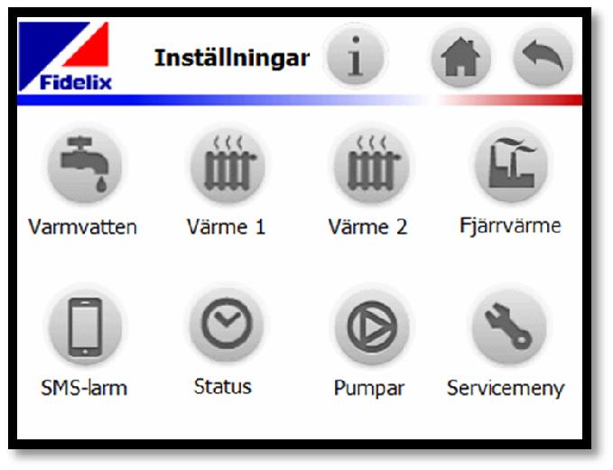 Enhetens inställningar är uppdelade i två användanivåer. Den grundläggande användarnivån ger möjlighet att göra begränsade ändringar medan de utökade inställningarna görs via servicemenyn.