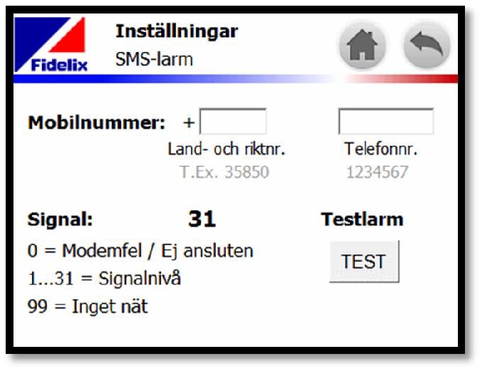 3.4 GSM-LARM Du öppnar sidan för GSM-larm genom att peka på symbolen för GSMlarm på inställningsmenyn. Du måste ange ett larmnummer genom att peka på fältet för larmtelefonnummer.