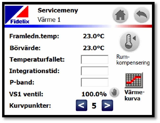 Du öppnar servicemenyns inställningar för en värmekrets genom att peka på symbolen för värmekretsen på servicemenyn.