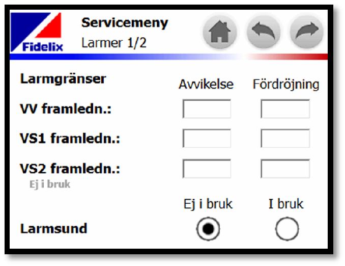 4.4 LARMINSTÄLLNINGAR Du öppnar inställningssidan för larm genom att peka på larmsymbolen på servicemenyn.