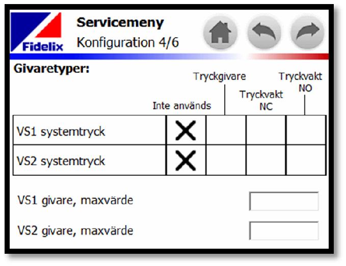Sidorna 2 och 3 på konfigurationsmenyn används för att ange vilka givartyper som används för mätningarna. De sensortyper som kan väljas är NTC10, NTC20, Ni1000-LG, Pt1000 och NTC1.8(TAC).