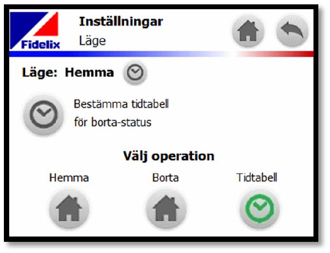 På statussidan kan du antingen välja ett fast läge för Hemma eller Borta eller välja att använda en tidsstyrd växling av driftläget (Auto).