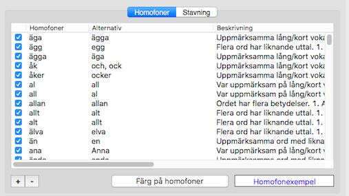 Kontrollinställningar Från fliken Kontroll i Inställningar kan du ställa in Homofon- och Stavningsinställningar. Homofoninställningar I dialogrutan ovanför kan du se homofonerna i ClaroRead/WordRead.