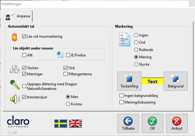 Anpassa I anpassa kan du reglera vad och hur mycket programmet ska läsa upp.