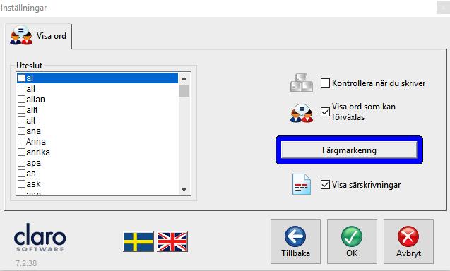 Visa ord Om du klickar på "Inställningar för Visa ord" kommer följande dialogruta upp: Vill du ignorera ordr från ClaroReads lista med lättförväxlade ord markerar du kryssrutan bredvid ordet.