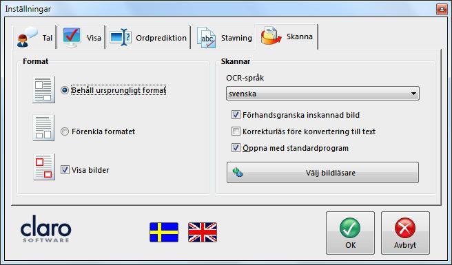 Shift + F8 = Öppna inställningar CTRL + upp/ner = Läser hela föregående/nästa stycke Skanning (enbart ClaroRead Plus och Pro) Finns i både ClaroRead Plus och Pro. Fliken Skanna visas nedanför.