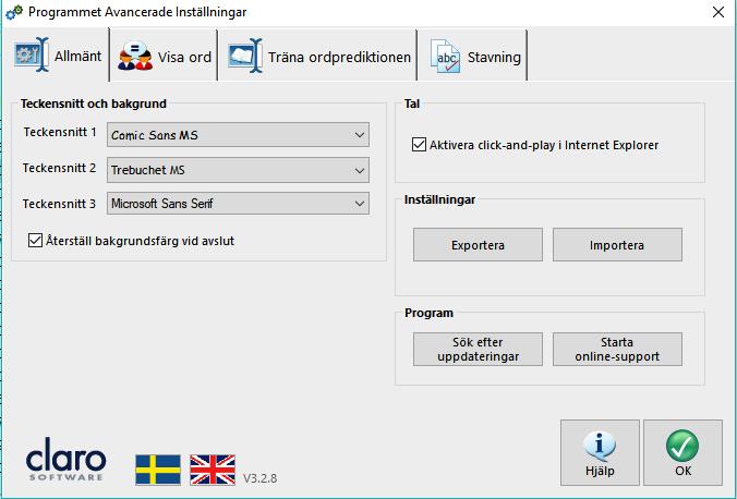 Allmänt Under Teckensnitt och bakgrund kan du välja vilka teckensnitt som skall visas under knappen Teckensnitt på ClaroReads verktygsrad.