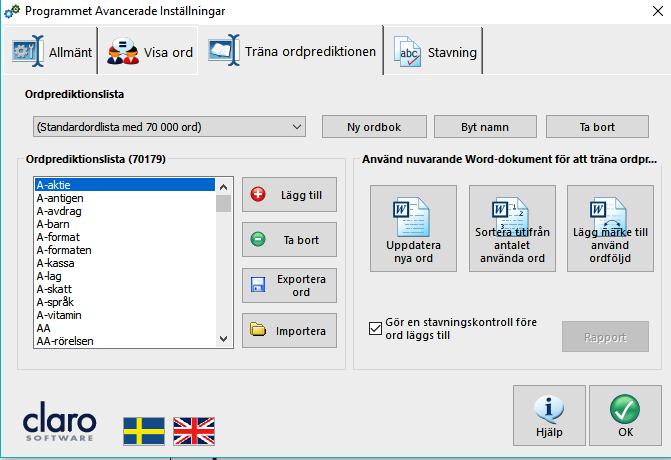 Träna ordprediktionen Under fliken Träna ordprediktionen kan du ändra de ord som används i ordprediktionslistan och träna ordprediktionen med hjälp av Worddokument.