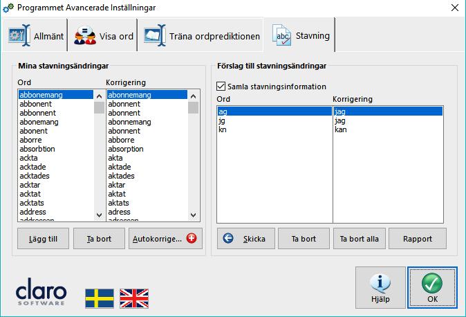 Vill du spara de nuvarande ordprediktionsinställningarna som en ny ordprediktionslista, klicka på "Ny ordbok" och välj ett namn för din lista.