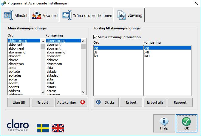 Vill du spara de nuvarande ordprediktionsinställningarna som en ny ordprediktionslista, klicka på "Ny ordbok" och välj ett namn för din lista.