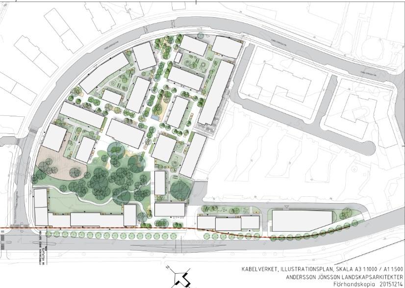 Sida 5 (11) Skissen ovan visar i stora drag etappens utformning. Av de markerade bostadsbyggrätterna ligger delar på stadens mark, vars tomtgräns skär genom kvarteren.