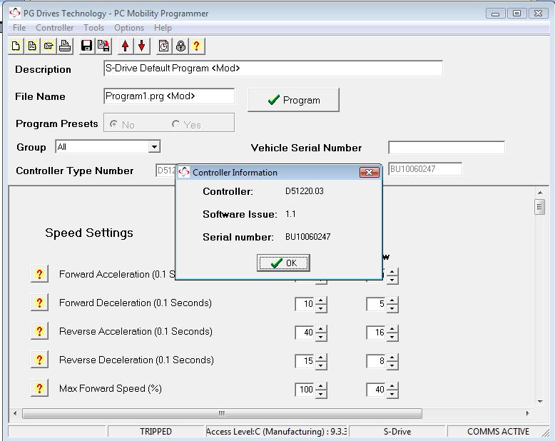 Fordonets identitet Controller Info visar styrenhetens nummer, programversion och serienummer.