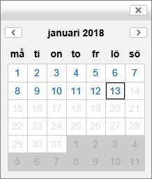 Som alternativ till att skriva in ett datum kan datumväljaren användas genom att klicka på ikonen föreställande en kalender. Datumväljaren visar endast tillåtna datum. Steg 1; ange datum.