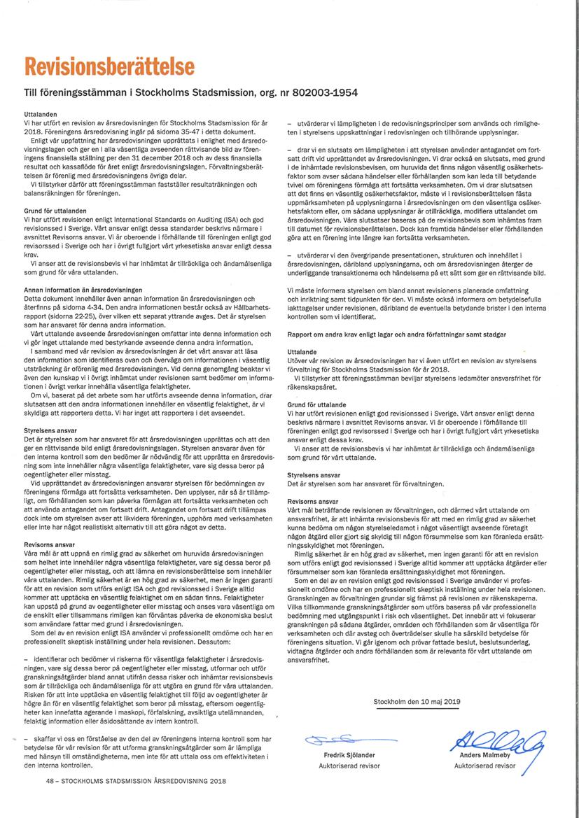 Revisionsberättelse Till föreningsstämman i Stockholms Stadsmission, org. nr 802003-1954 Uttalanden Vi har utfört en revision av årsredovisningen för Stockholms Stadsmission för år 2018.