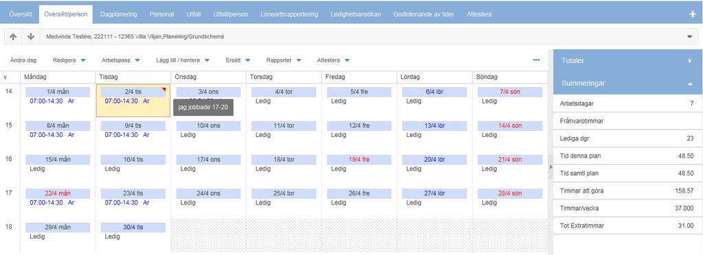 16/35 Översikt/person Denna flik visar istället en person i taget. Det är även i denna vy som du ser personens summeringar, d.v.s. timmar att göra, timmar/vecka, och totala extratimmar för året.
