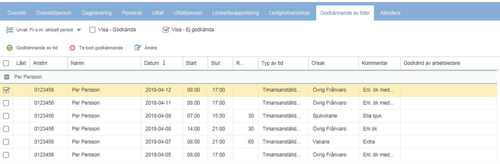 23/35 Fliken Godkännande av tider Här ser du de tider som i systeminställning är markerade Ska godkännas (Extratim P/T,